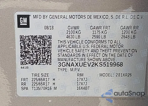 2019 Chevrolet Equinox Lt из США, поврежденный, VIN 3GNAXUEV2KS519968